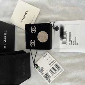 Authentic NWT Chanel CC logo stud earrings Silver and crystal. So cute!